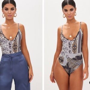 Black Chain Print Deep Scoop Bodysuit